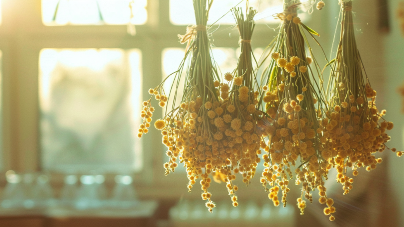 束ねて逆さまに吊るす自然乾燥のプロセス